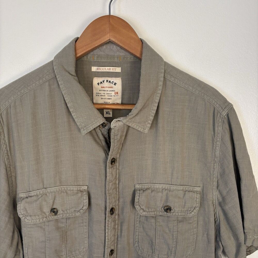 Fat Face Mens XL Regular Fit Olive Green Button Up Cotton Short Sleeve Shirt - Picture 2 of 8